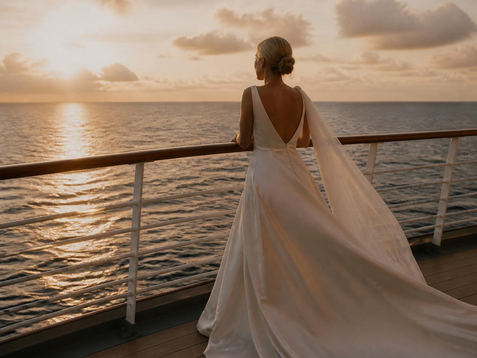 A bride at the railing of a cruise ship at sunset